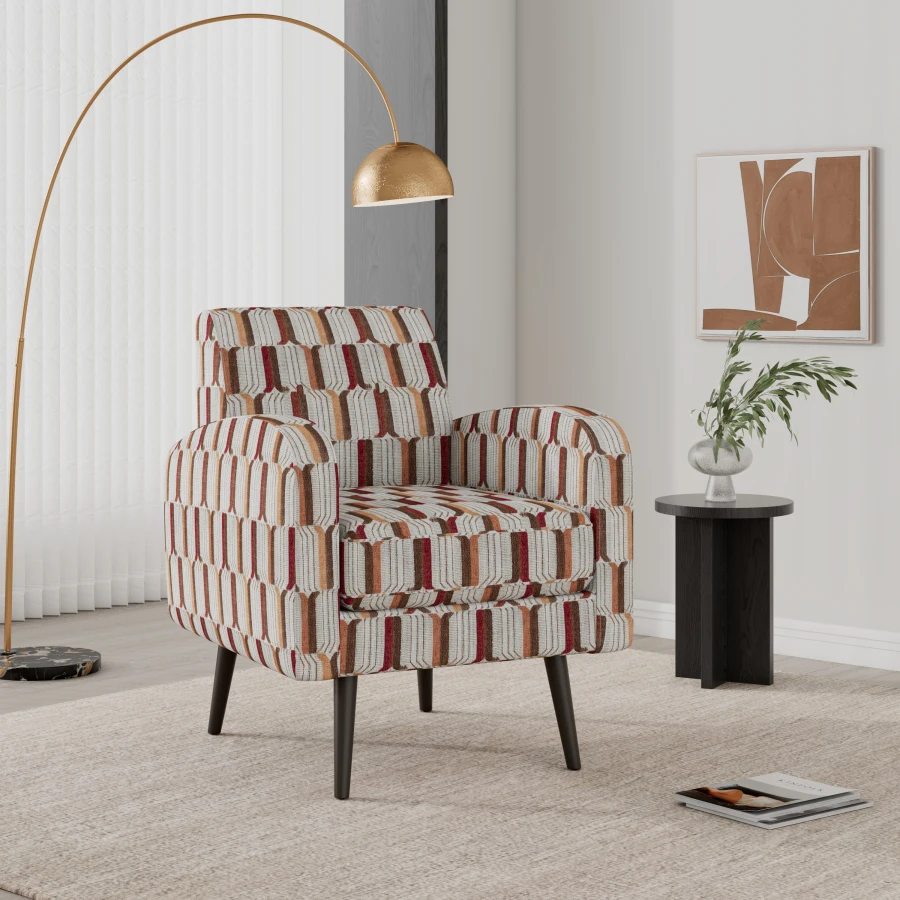 Darien Accent Arm Chair in Tan, Cream and Red Stripe Pattern with Dark Brown Solid Wood Legs For Living, Dining Rooms