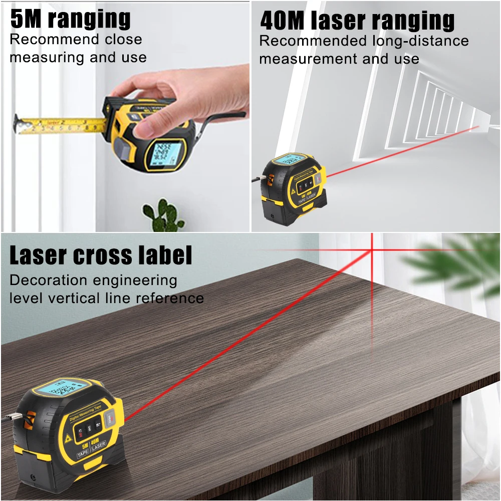 3 in 1 Laser Rangefinder 5M Tape Measure Ruler LCD Display with Backlight Distance Meter Building Measurement Device