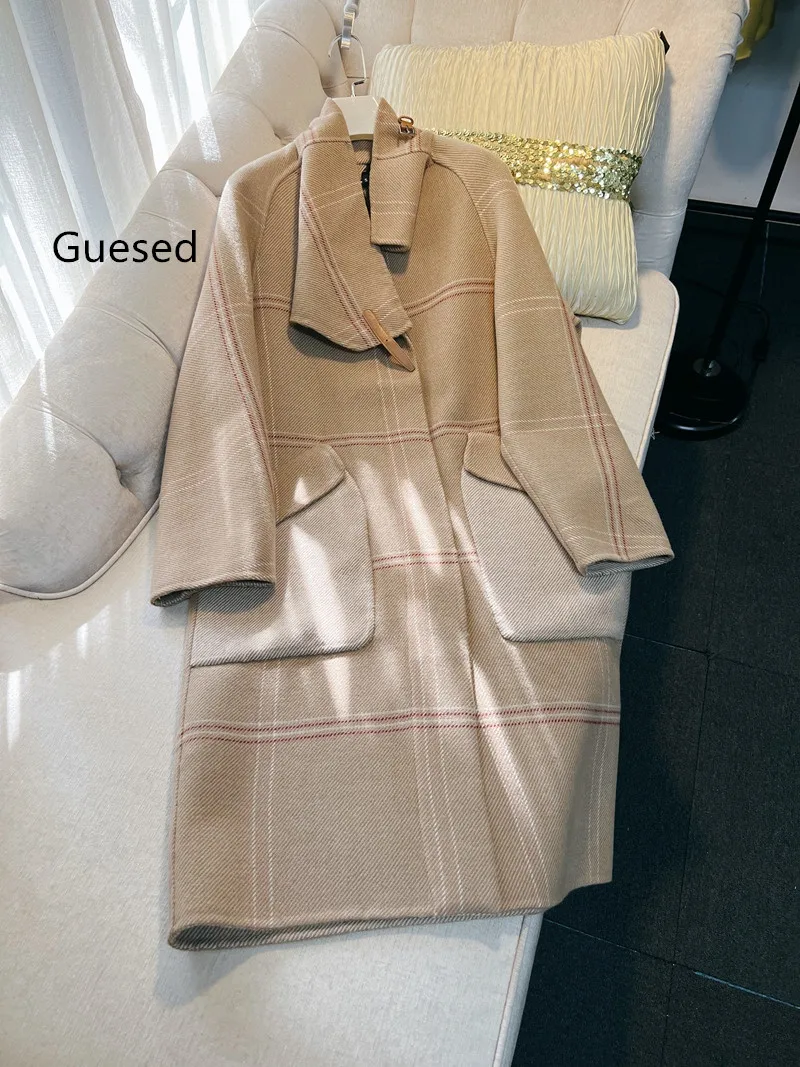 

Guesed French Vintage Top Quality British Plaid Double Sided Wool Coat Camel Ladies Woolen Outerwear New Arrival