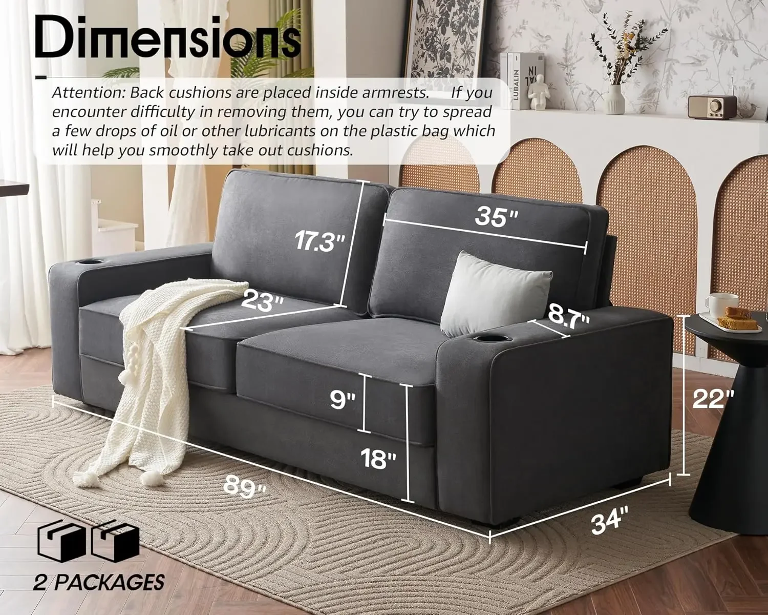 inch Couch 3-SeaterSofa Couch- Deep Seat Sofa with 2 USB Charging Ports & 2 Cup Holders Modern Sofas for Living Room