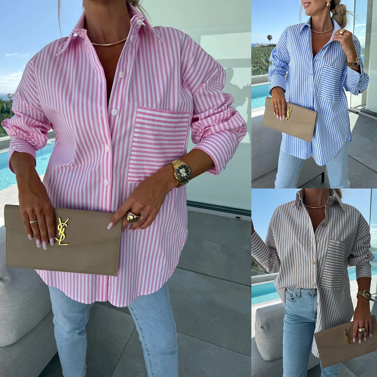 

Spring Summer Long Sleeve Lapel Shirt Striped Print Lapel Shirt With Irregular Hem Button Placket Casual Loose Women's Blouses