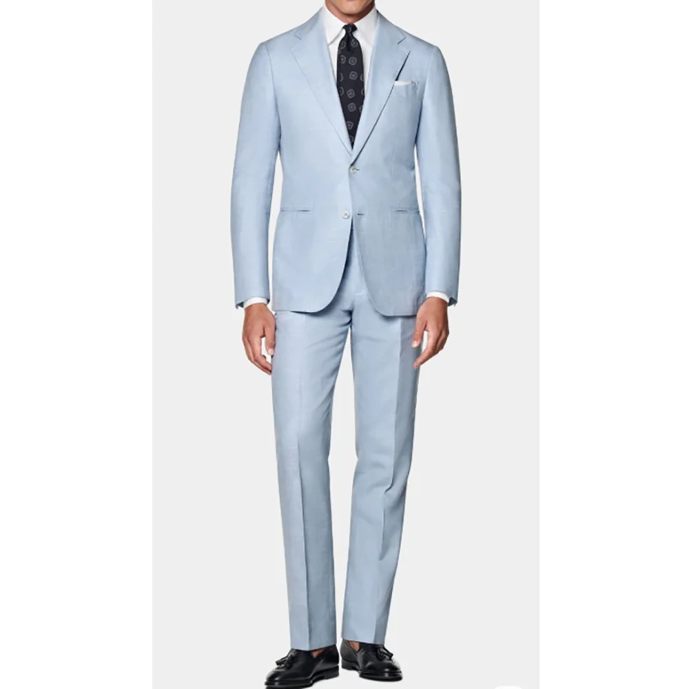 

Light Blue Men Suits 2 Piecs Blazer Pants Single Breasted Peak Lapel Prom Business Social Party Malde Suits
