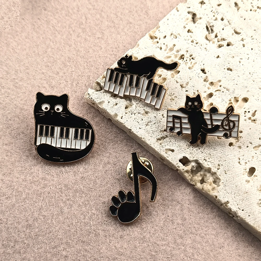Cute Black Cat Music Enamel Pins Piano Keyboard Musical Note Paw Print Brooches Lapel Pin Musician Backpack Jacket Badge Gift