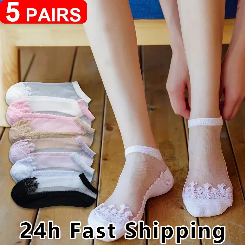 5Pairs Summer Women Silk Socks Ankle Lace Ultra-thin Girls Transparent Glass Fiber Fashion Harajuku Cute Female Short Boat Socks