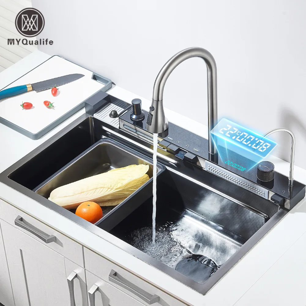 Évier de cuisine cascade en acier inoxydable 304, grand fente unique, ensemble de robinets à affichage numérique intégré, distributeur de savon 75x45cm