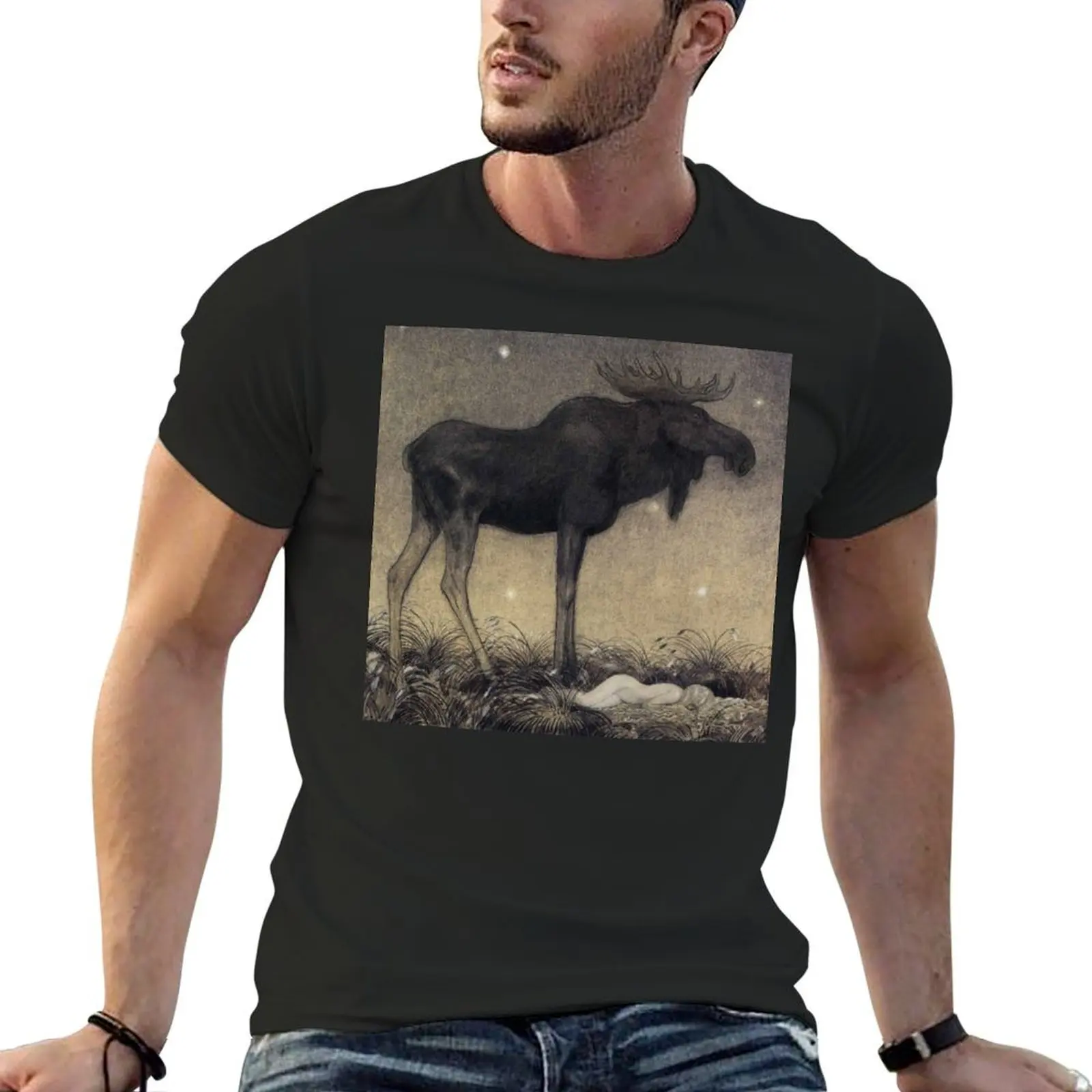 Leap The Elk And Princess Tuvstarr by John Bauer T-Shirt man t shirt shirts graphic tee clothing for men