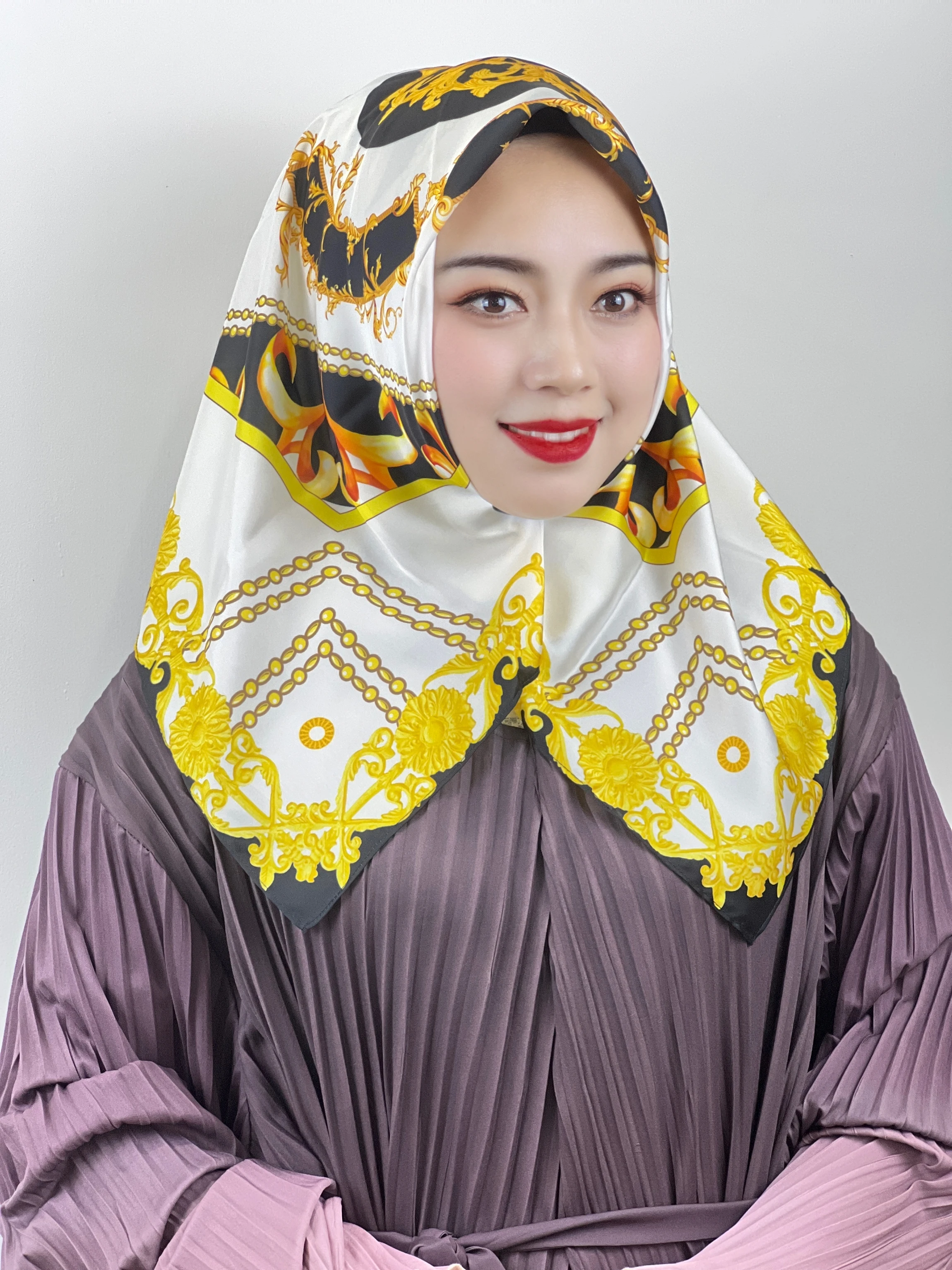 Ladies Instant Square Printing Islamic Silk Scarf Flower Simulation Silk Head Scarf Muslim Scarf Turkey Turbans for Women