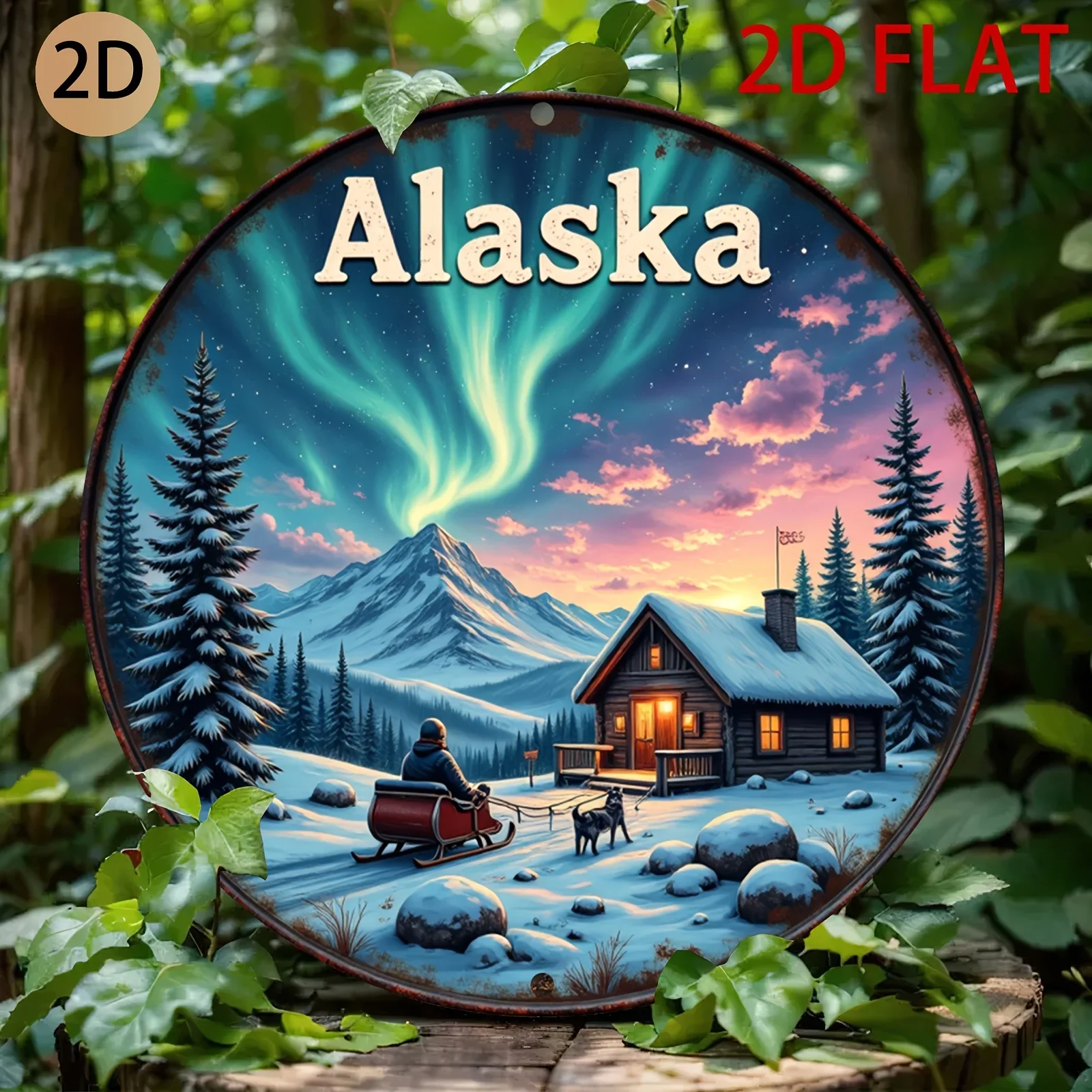 HD Aluminum Metal Sign, Alaska Northern Lights Round Wall Decor, Retro Winter Cabin Sled Dog Aurora Design Tin Poster for Home B