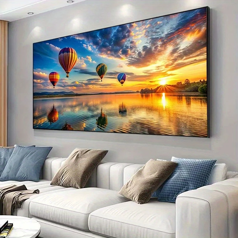 Large-sized frameless canvas paintings,Sunset Over Lake Hot Air Balloons Poster Prints Modern Landscape Art Canvas Painting Wall