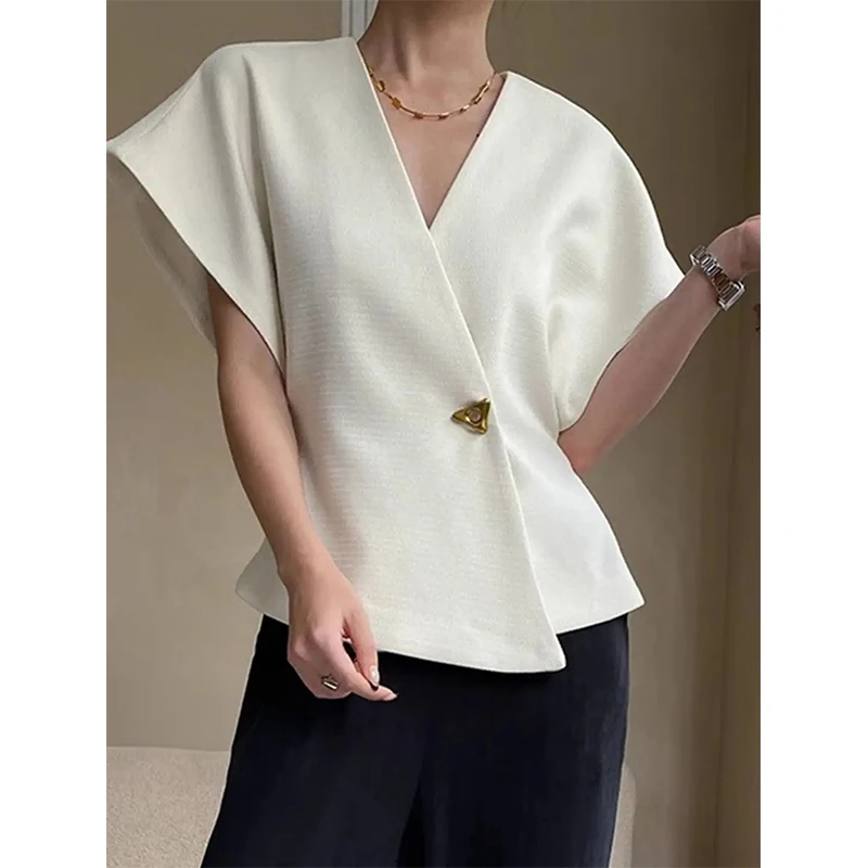 Summer French Style Asymmetric Suit Drop Shoulder Sleeve Vest Women Tops One Button Waist Slim Fashion White Sleeveless Top New
