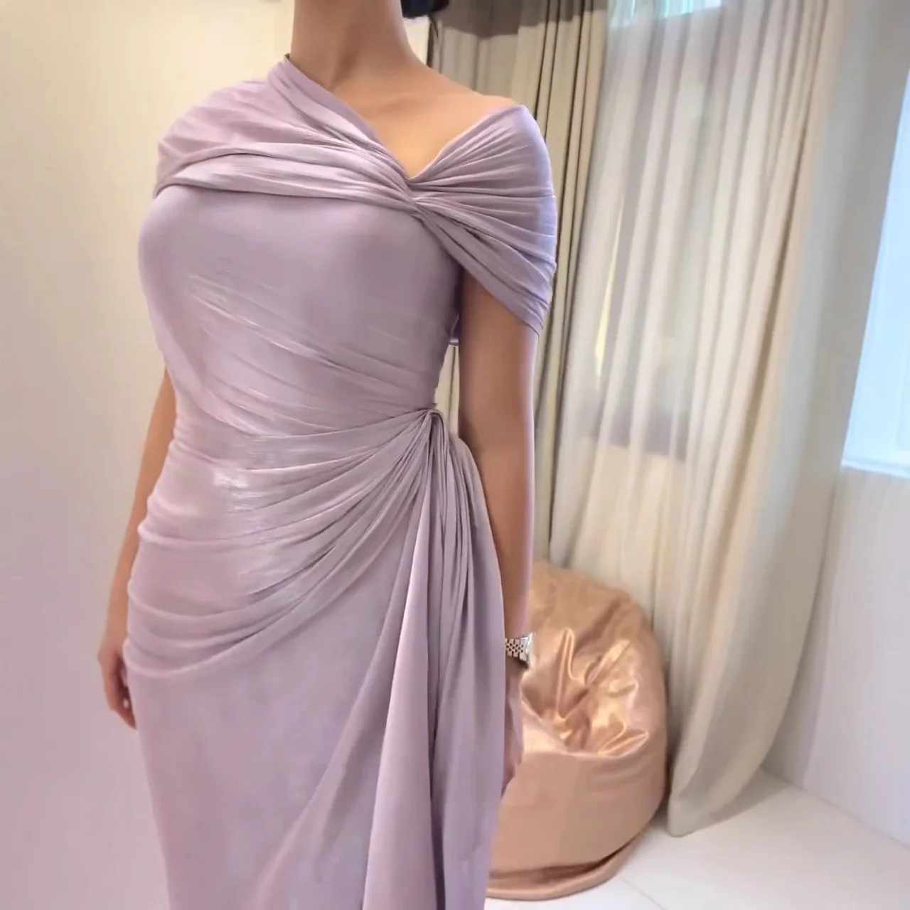 

Women's Sexy Pleated Slimming Dress Temperament Commuting Female Clothing 2025 New Light Purple Woman Fashion Party Dresses