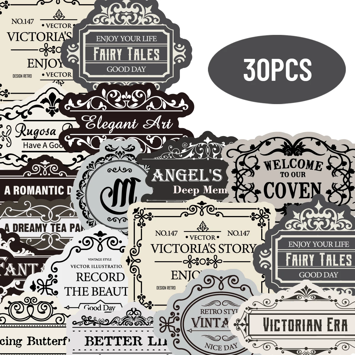 

30 шт. черно-белые наклейки с английским узором для ноутбуков, бутылок с водой, чемоданов и мобильных телефонов, наклейки для вечеринок