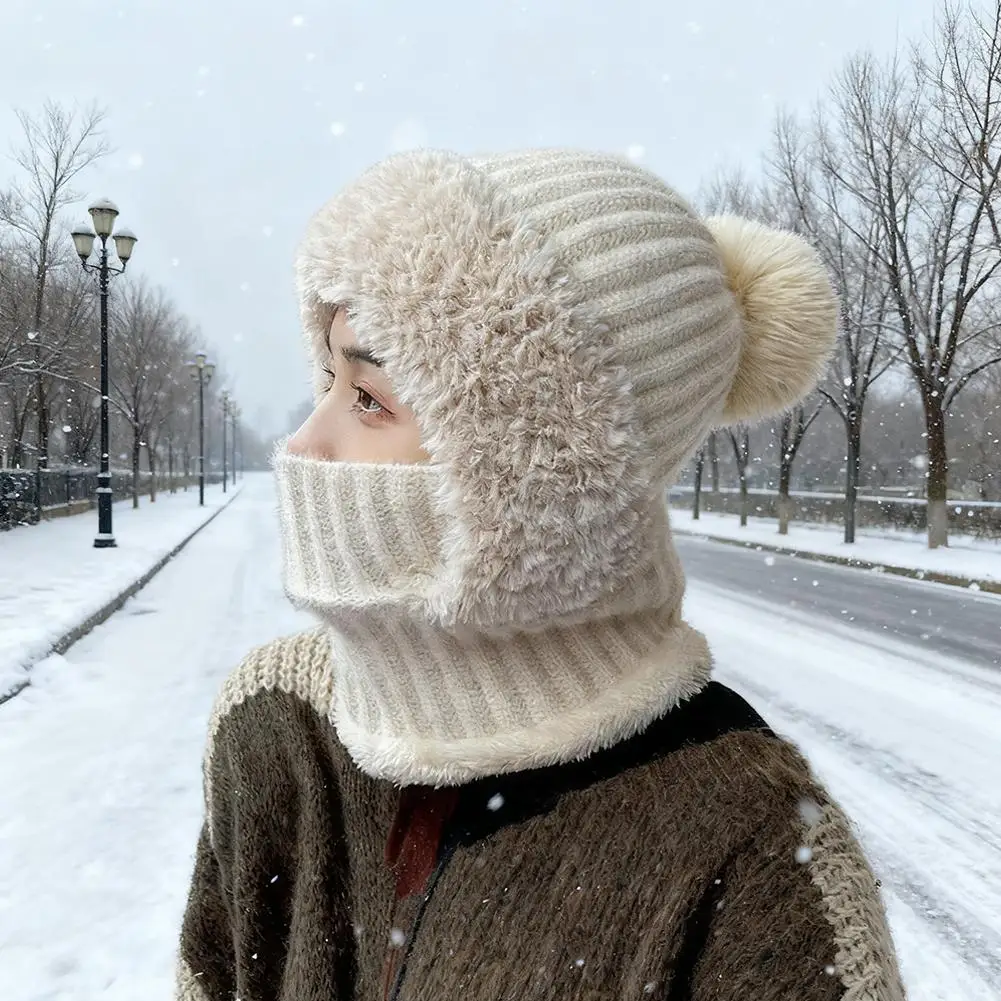 Gorro de punto grueso, bufanda, máscara de una pieza, gorro cálido de invierno para mujer, protección facial completa, pasamontañas a prueba de viento con capucha