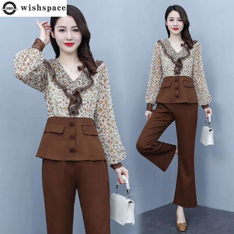 Korean Popular Ruffle Collar Long-sleeved Chiffon Shirt Casual Pants Two-piece Elegant Women's Pants Set Temperament Tracksuit