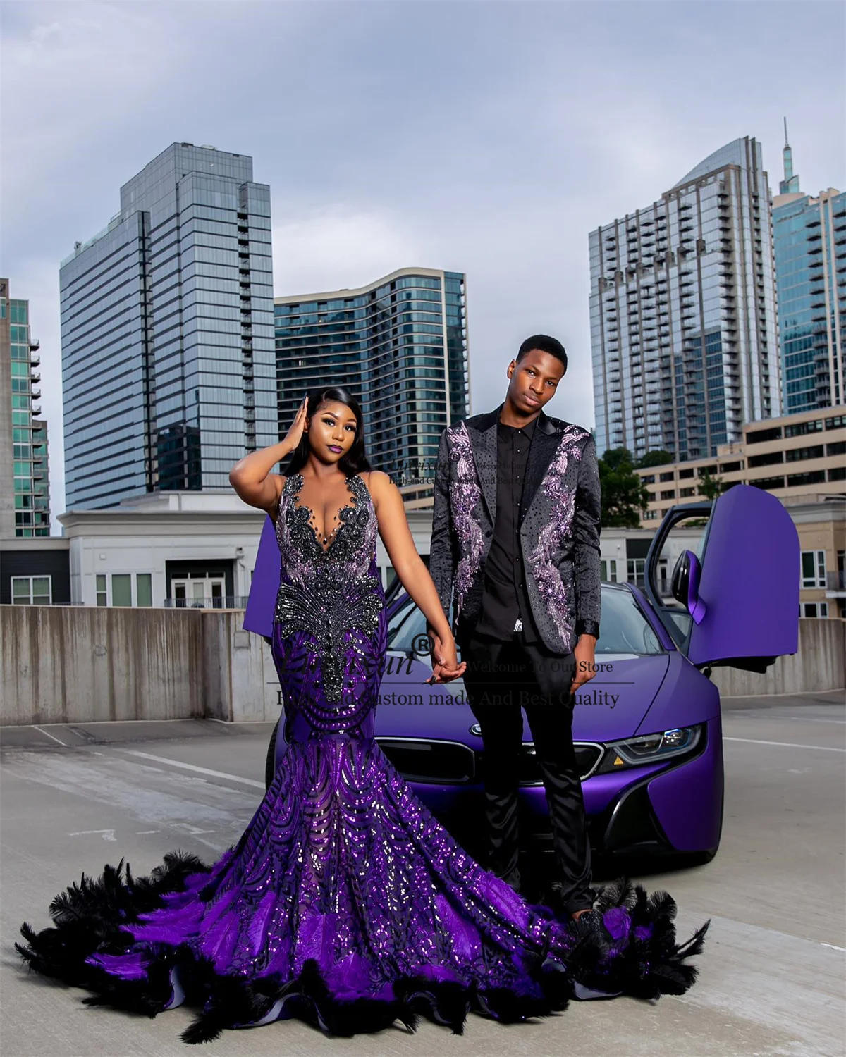 Sparkly Purple Sequins Mermaid Prom Dresses For Black Girl Luxury Rhinestones Crystal Evening Party Gown Feather robes de soirée