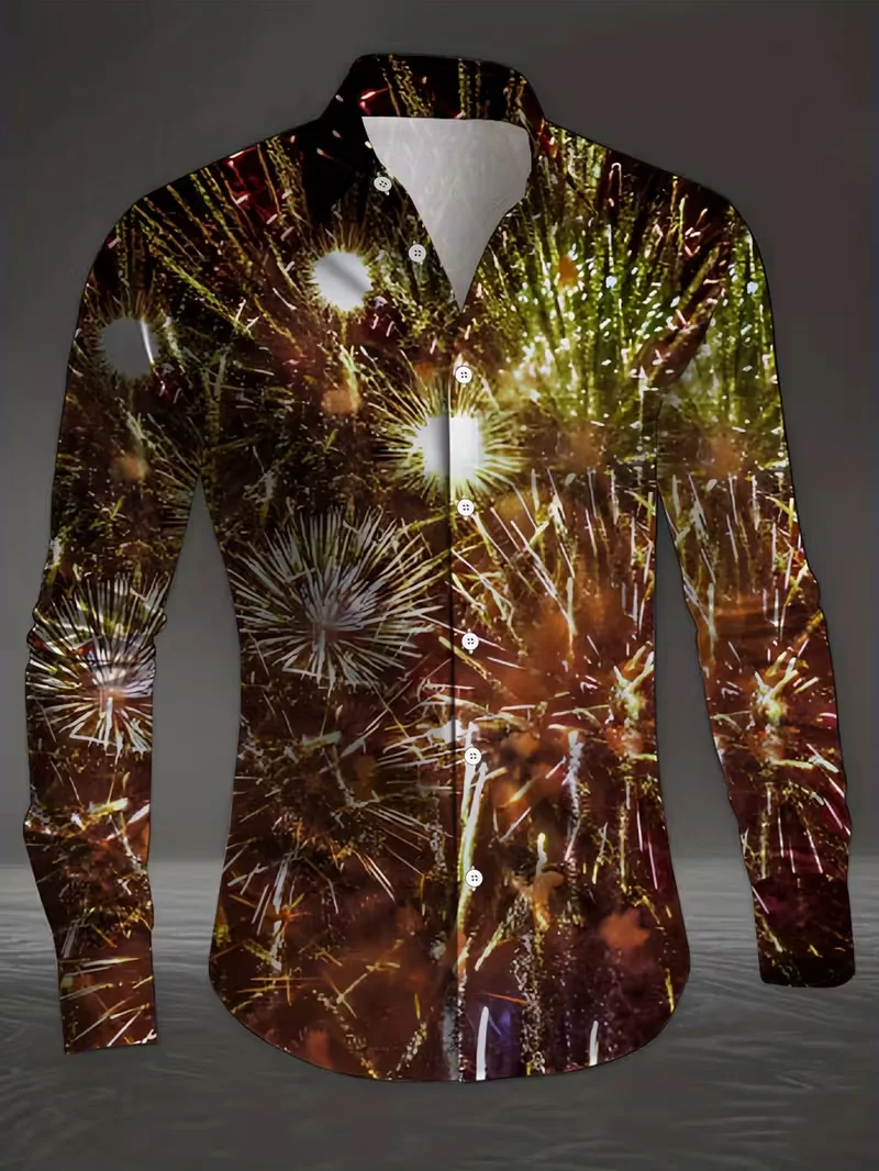 Christmas men's 3D flower printed shirt with gold snowflake pattern long sleeved shirt, fashionable men's shirt