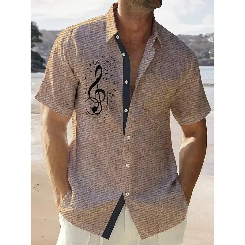 Men's Ethnic Style Linen Is Comfortable Coconut Tree Shirt Palm Hawaii Vacation Casual Summer Short Sleeve Pocket Collar Shirt