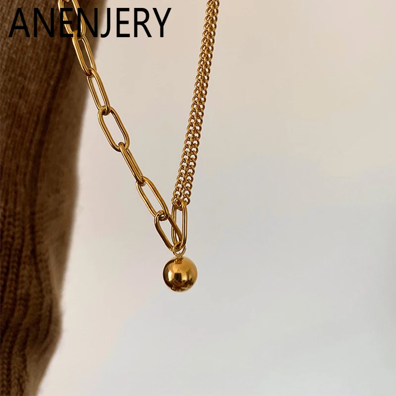 ANENJERY 316L Stainless Steel Lucky Beads Splicing Necklace for Women Clavicle chain Vintage Simple Temperament Jewelry Gifts