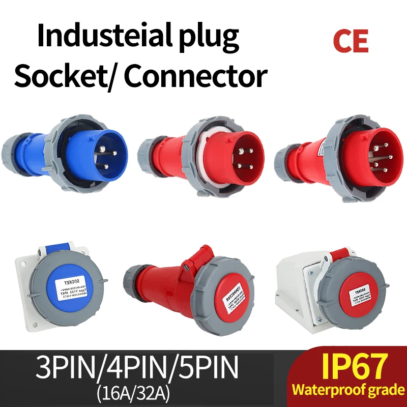 

Industrial Plug and Socket 3P/4P/5Pin Electrical Connector 16A 32A IP67 waterproof Wall Mounted Socket MALE FEMALE 220V 380V