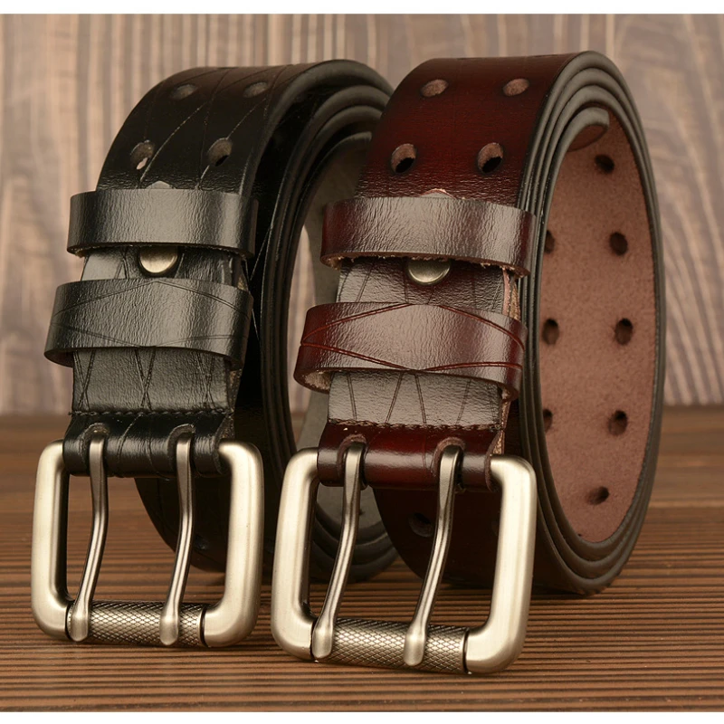 

Double Needle Buckle Leather Belt for Men Cowhide Personalized Waistband Jeans Suit Trousers Male Luxury Waist Cinching Women