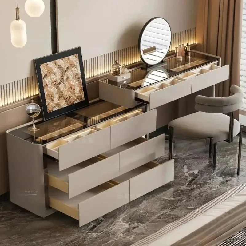 Modern Luxury Makeup Set Includes Expandable Side Cabinet with 6 Drawer Vanity Desk Dressing Vanity Table with Smart LED Mirror