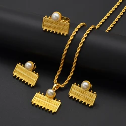 Ethiopian Eritrea Rectangle Jewelry Sets With Pearl Necklace Earrings Rings for Women Girls African Brides Accessories @340306