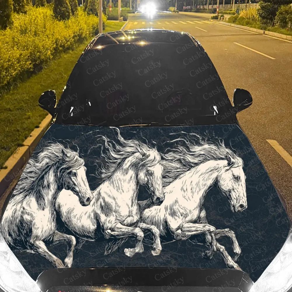 

Car Decal Dynamic Artistic Design with Galloping Horses in Monochrome Style Car Hood Sticker, Waterproof Self - Adhesive PVC Gra
