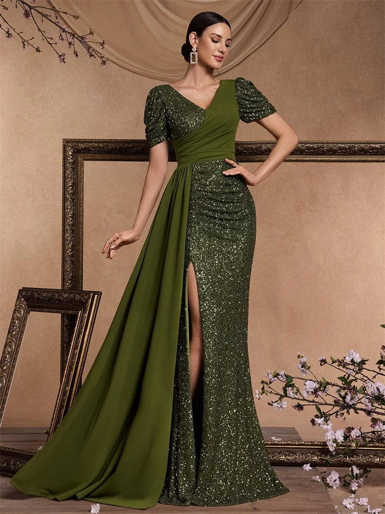 Lucyinlove Elegante scollo a V con giunture di paillettes Abito da sera da donna Maniche corte Sirena Formale di lusso Festa di nozze Prom Streamer Abito