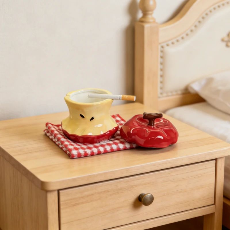 Creative Design Stylish Apple Shaped Ceramic Ashtray With Lid Anti Ash Flying Creative Ornament For Home Living Room Office Desk