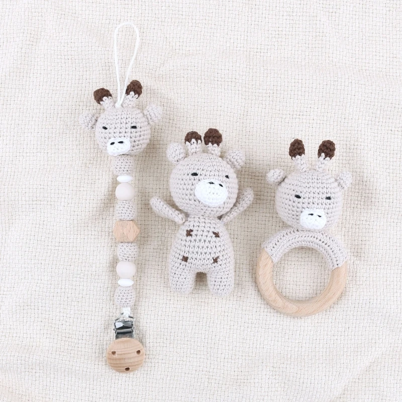 3/4pcs Handmade Crochet Baby deer/Rabbit Stuffed Dolls Newborn Bunny Rattle Toy Wooden Teething Ring Pacifier Chain Clips