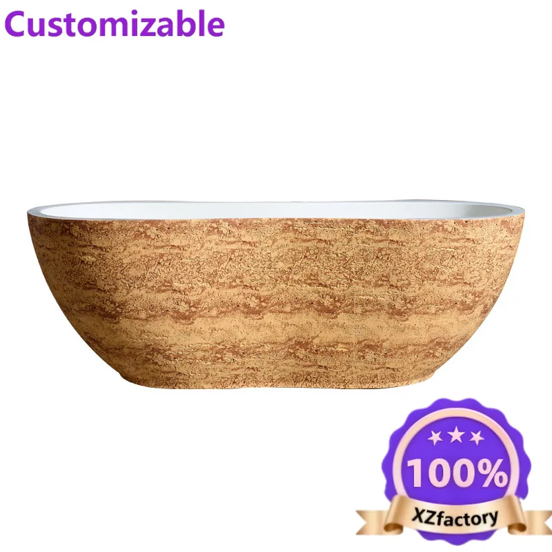 Factory Direct 2026 Designer solid carved yellow travertine bathtub, natural stone surface smooth can be exported freestanding b