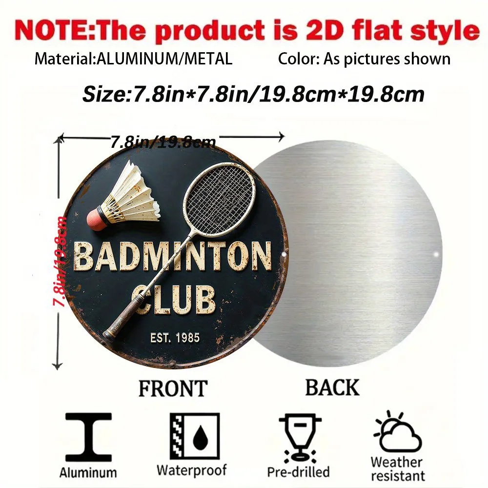 2D Flat 1pc Badminton Club Emblem Aluminum Round Wall Plaque, 19.81x19.81cm Sports Sign, Unique Gift for Badminton Enthusiasts