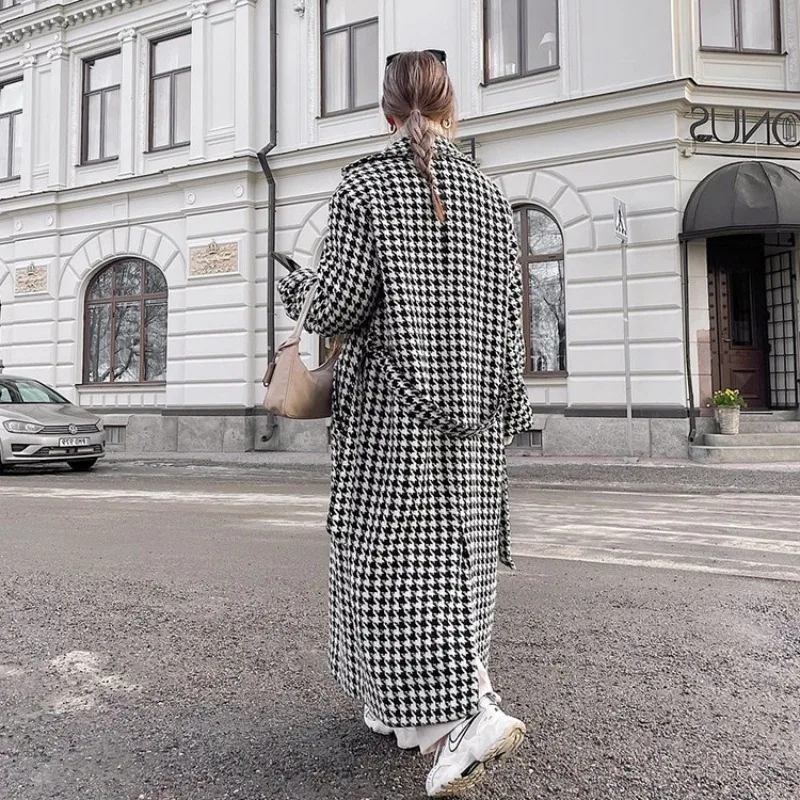 Houndstooth Jacket Double Breasted with Belt Notched Collar Long Coats Elegant Warm Thick Stylish Windbreaker Jackets for Ladies