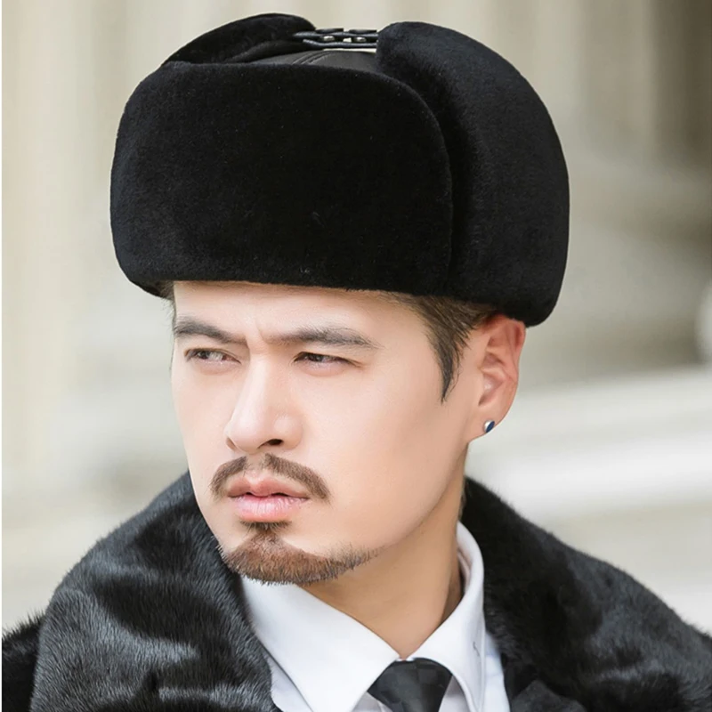 Male Winter Warm Ear Protection Bomber Hat Man Genuine Leather Faux Fur Military Cap Inside Black Brown 55-60cm Flat Roof Caps