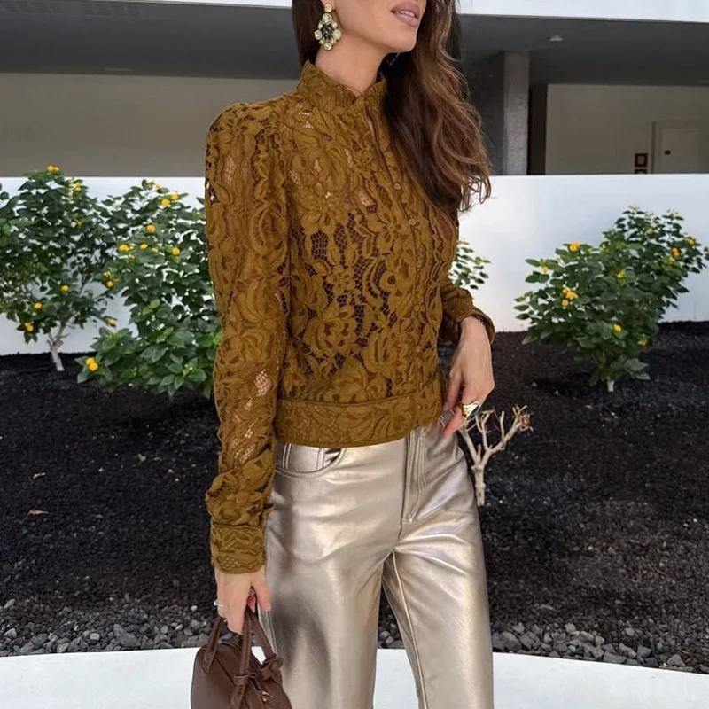 

Кружевная вышитая женская футболка с длинными рукавами, осенние новые пригородные футболки с длинными рукавами, сексуальные перспективные вечерние блузки для ночного клуба