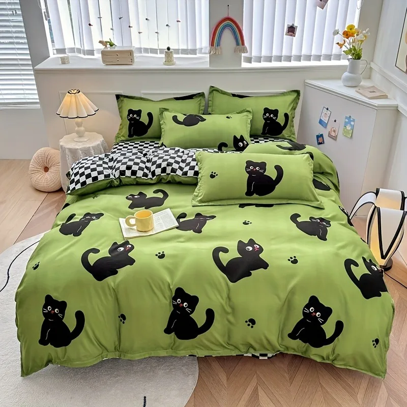 Cute Black Cat Print Bedding Set Green Double Side Checkered Duvet Cover Set Soft Microfiber Bed Sheets Pillowcases Home Bedroom