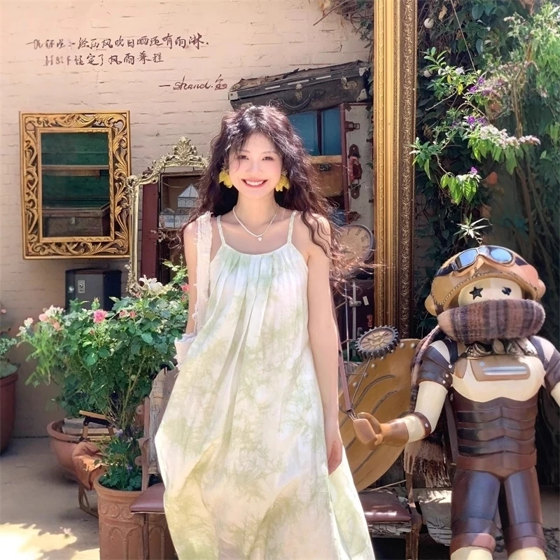 

Women's French Style Tie Dye Spaghetti Strap Maxi Dress Loose Fit Flowy Beach Vacation Dress For Summer