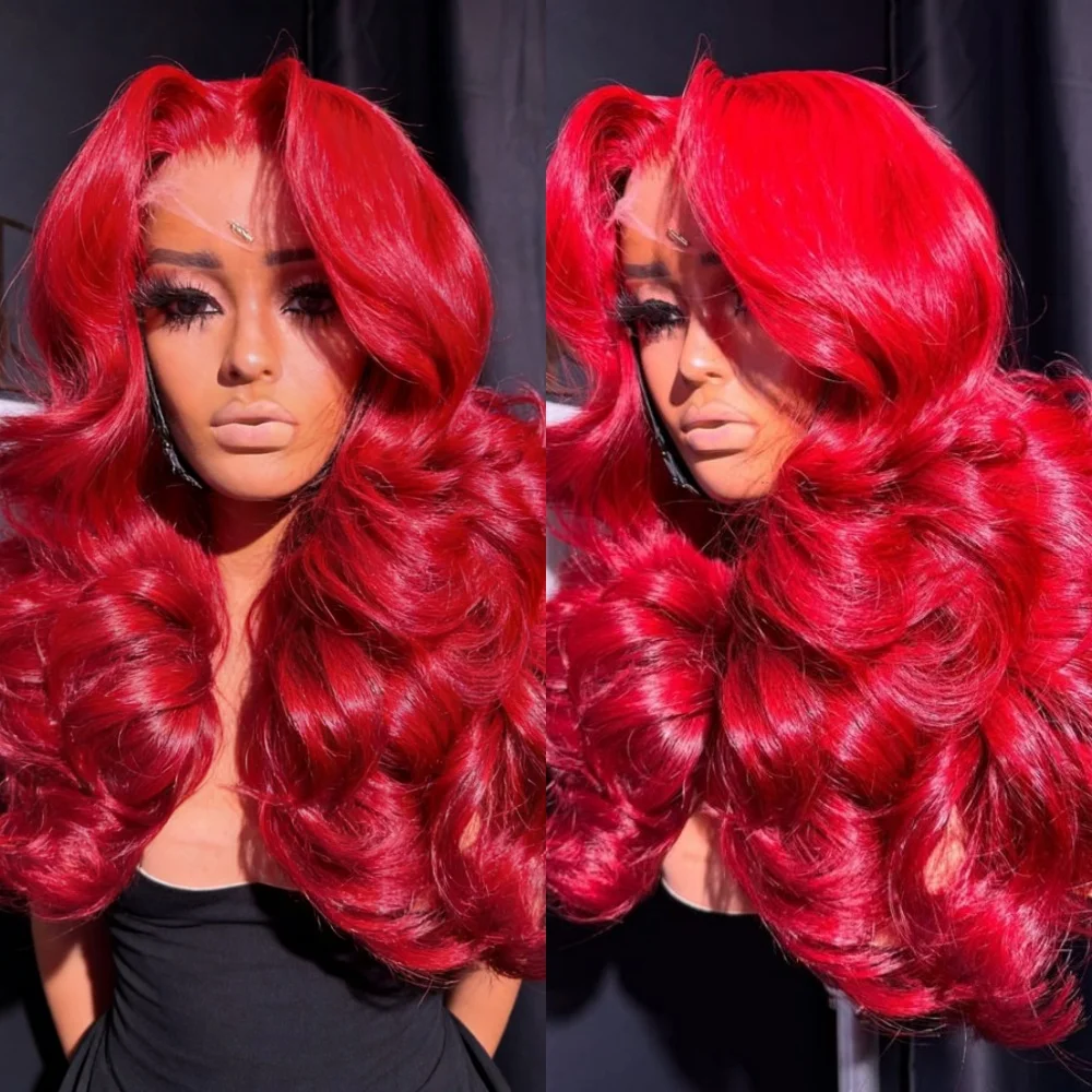 

Красные парики с волнистыми волосами и кружевной передней частью из натуральных волос для женщин, с детским волосяным слоем, 13x4, без клея, плотность 200%