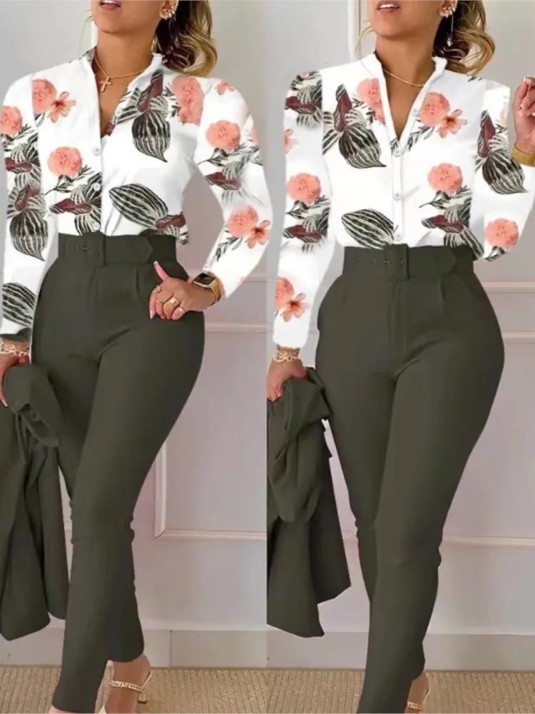 Conjunto de camisa y pantalones negros de manga larga con cinturón para mujer, de 2 piezas traje elegante, Top estampado a la moda, novedad de otoño