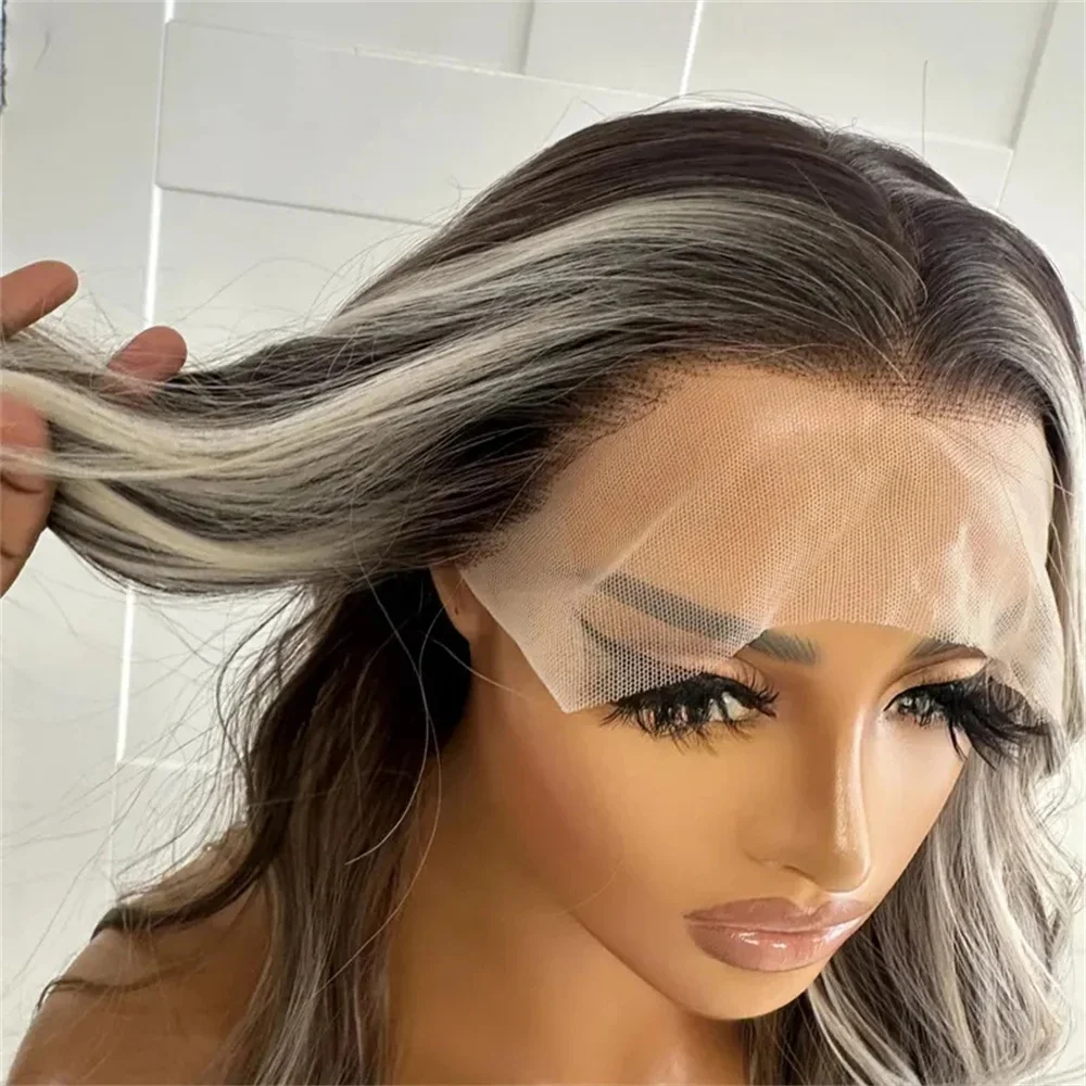 Dark Wigs with Light Highlight 20 Inches Natural Wave For Women Middle Parting Medium Length Glueless Hair Small/Large Size Cap