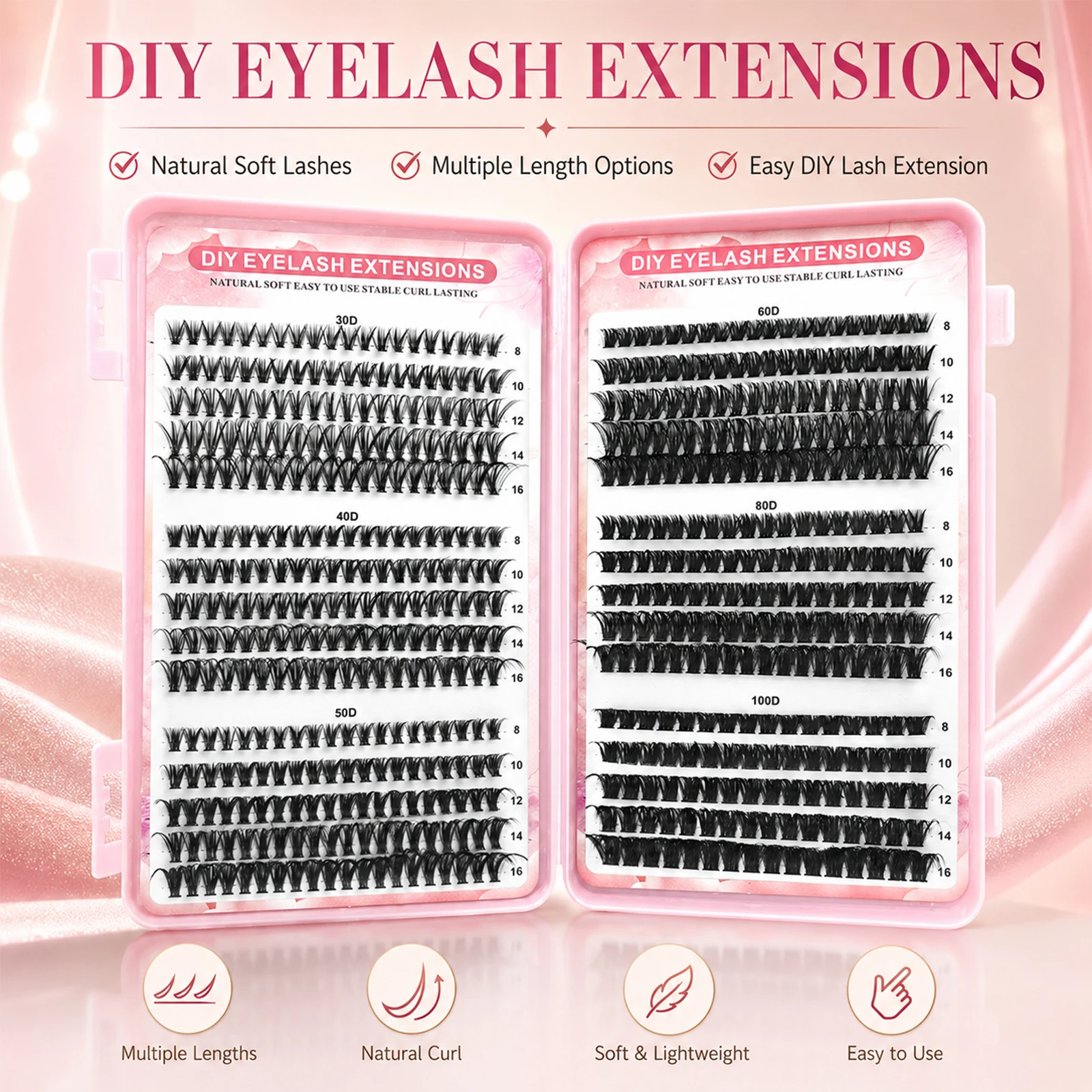 30D-100D Cluster Lashes 8-16mm Mixed Length DIY Individual Eyelash Extensions Natural Soft Lightweight Wispy False Lashes