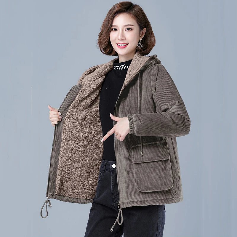 

Women Corduroy Jackets 2023 New Autumn Winter Solid Loose Coat Female Casual Middle-Aged Plus Velvet Warm Hooded Ladies Overcoat