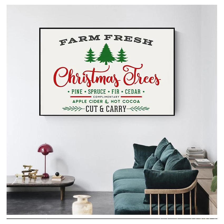 Art Canvas Poster Painting Christmas Home Decor and Rustic Sign Wall Picture Canvas Prints Farm Fresh Christmas Trees Sign