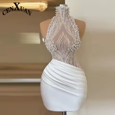 CENXUAN White Mini Prom Dresses Pearl Beaded Strap vestidos de fiesta Elegant Sleeveless Short Customized Evening Dress
