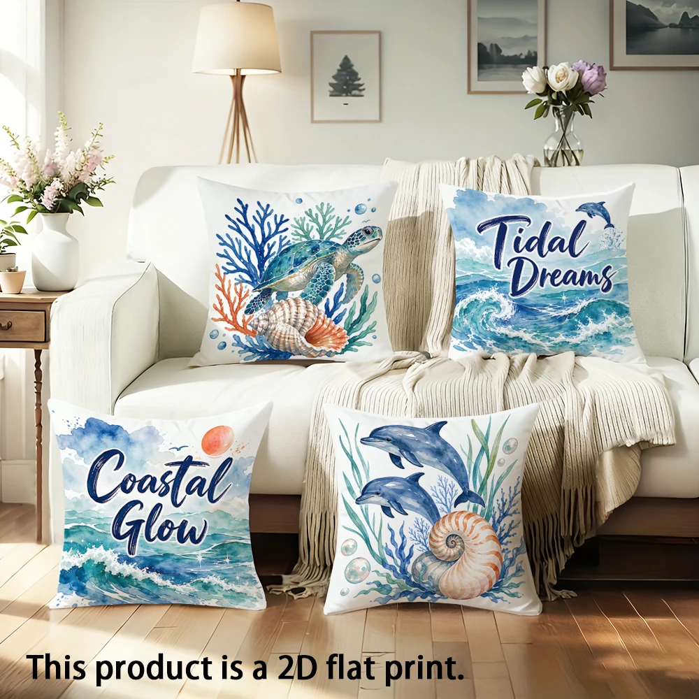 1pc Coastal Watercolor Ocean Throw Pillow Covers Nautical Sea Turtle Dolphin Beach Cushion Cases