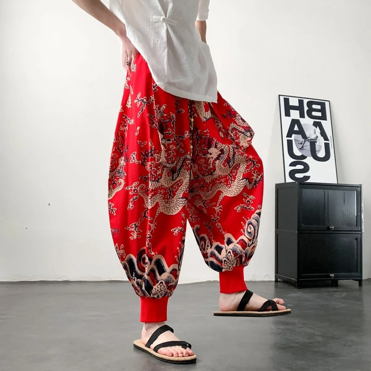 Men Dragon Print Ins Chic Trendy Harem Pants Male Summer Oversize Joggers Sweatpants Trousers Hip Hop Vibe Plog Vlog Pantalons