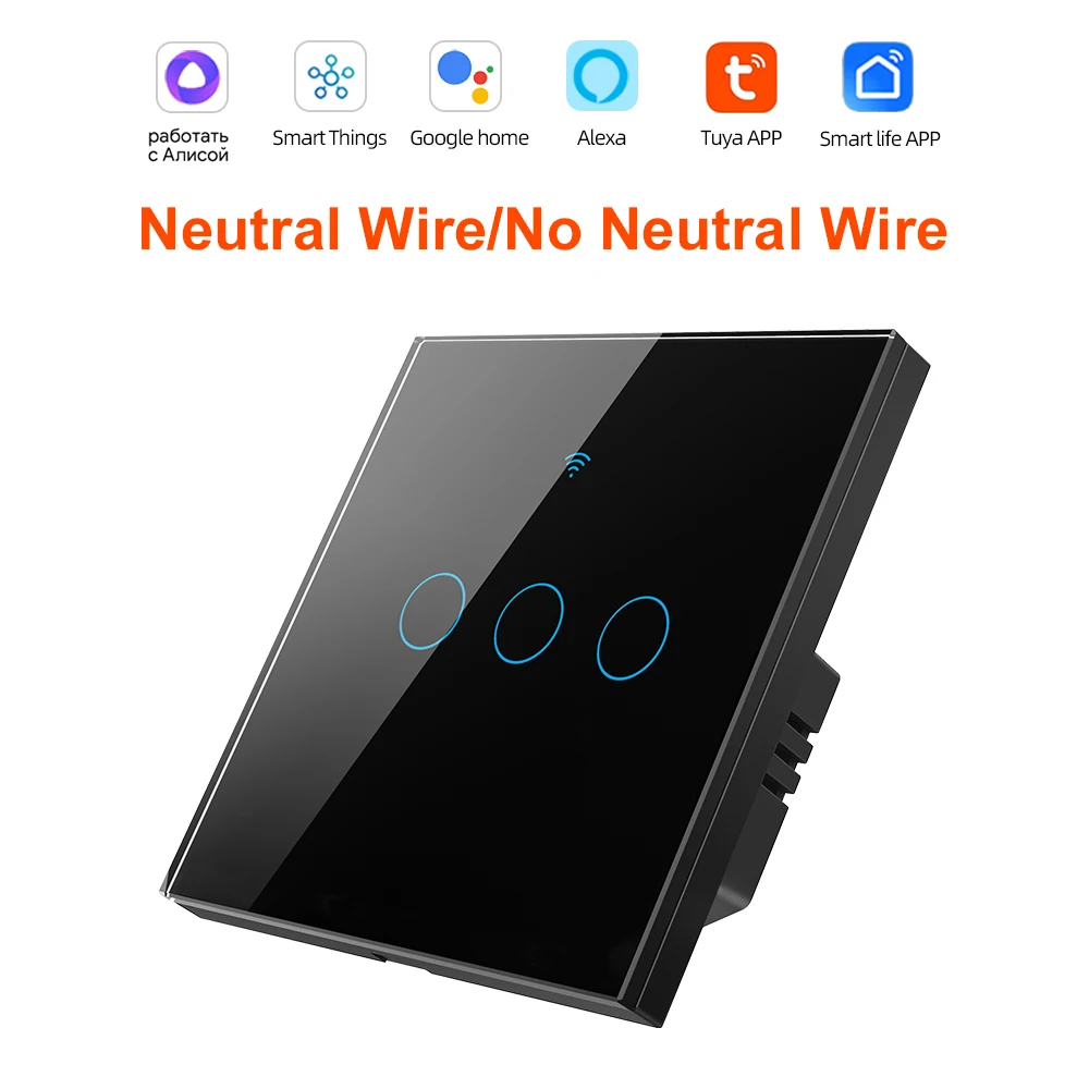 Tuya Smart Wifi Lichtschakelaar Geen Neutrale Draad Touch Panel EU 1/2/3 Gang Wandschakelaar Draadloze bediening Spraakbesturing Alexa Google