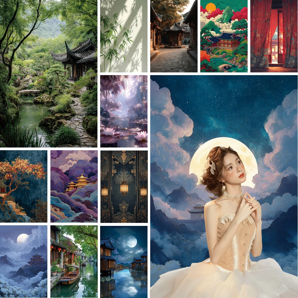 

MOON.QG Chinese Bamboo Backdrop Stone Paths Mountains Willows Backgrounds For Photography Accessories Photo Zone Portrait Photo