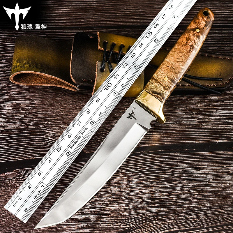 Wolf outdoor survival tactical straight knife wilderness survival knife Multi-function camping knives wood handle D2 blade