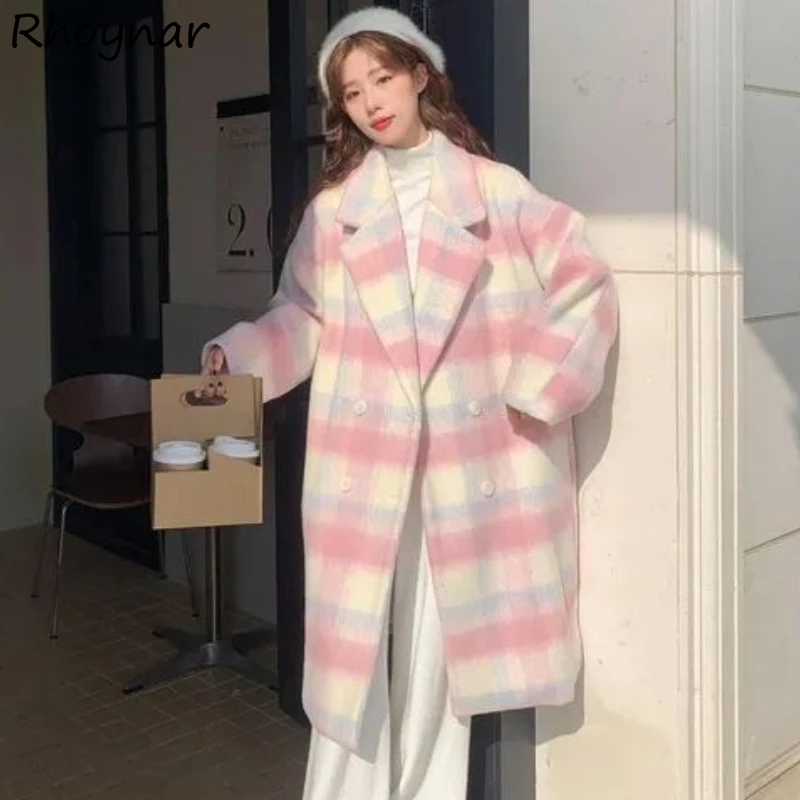 

Plaid Blends Women Winter Sweet Overcoat Gentle Korean Style Loose Temper Girlish Streetwear Cozy Aesthetic Warm Clothing Mujer